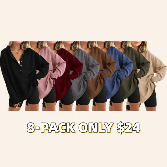 Women’s Oversized V-Neck Hoodie – Relaxed Button Pullover with Side Slits